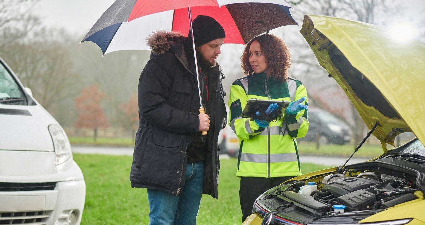A verified Roadside Neighbor provider greeting a stranded driver beside a truck
