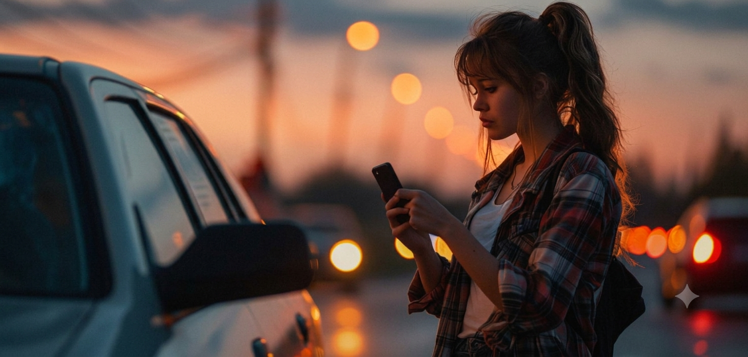 A driver using the Roadside Neighbor app beside her truck at dusk
