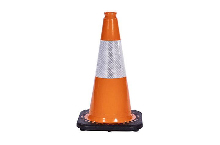 An orange reflective safety cone