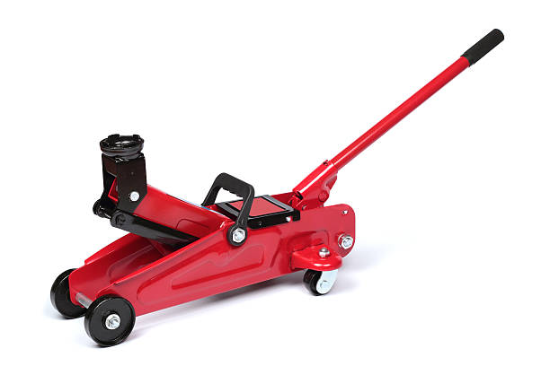 A red hydraulic floor jack