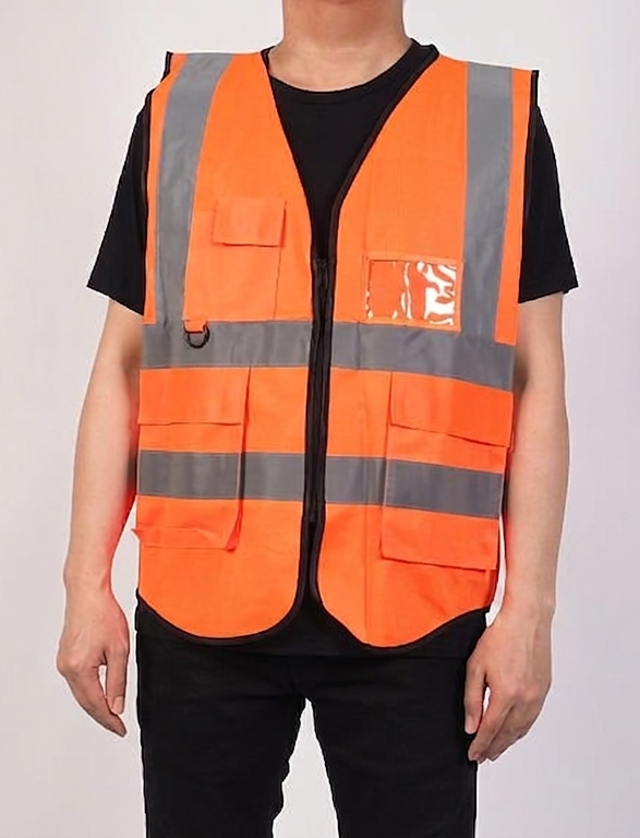 An orange ANSI/ISEA 107 Class 2 high-visibility safety vest