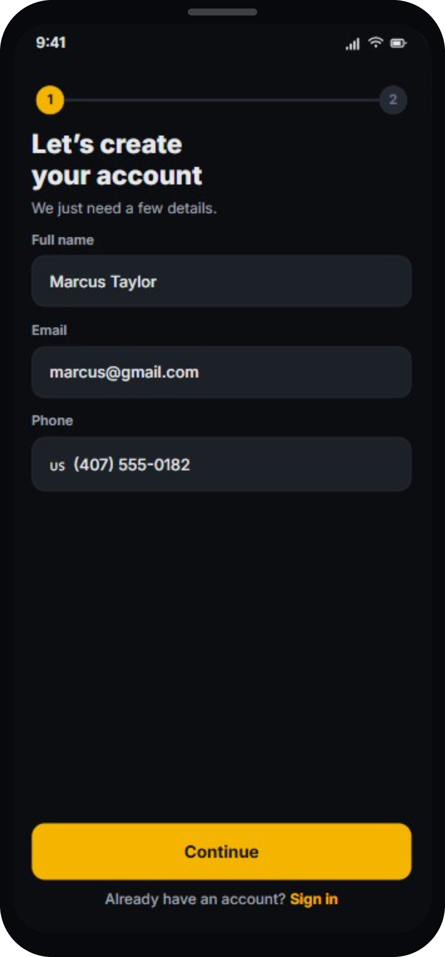 Create an account screen