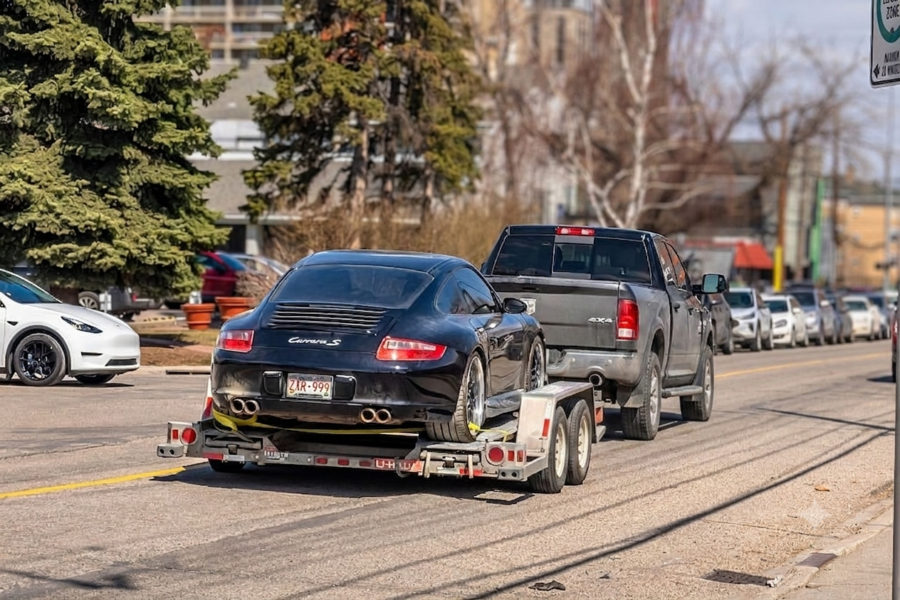 Pickup towing a sports car on a trailer