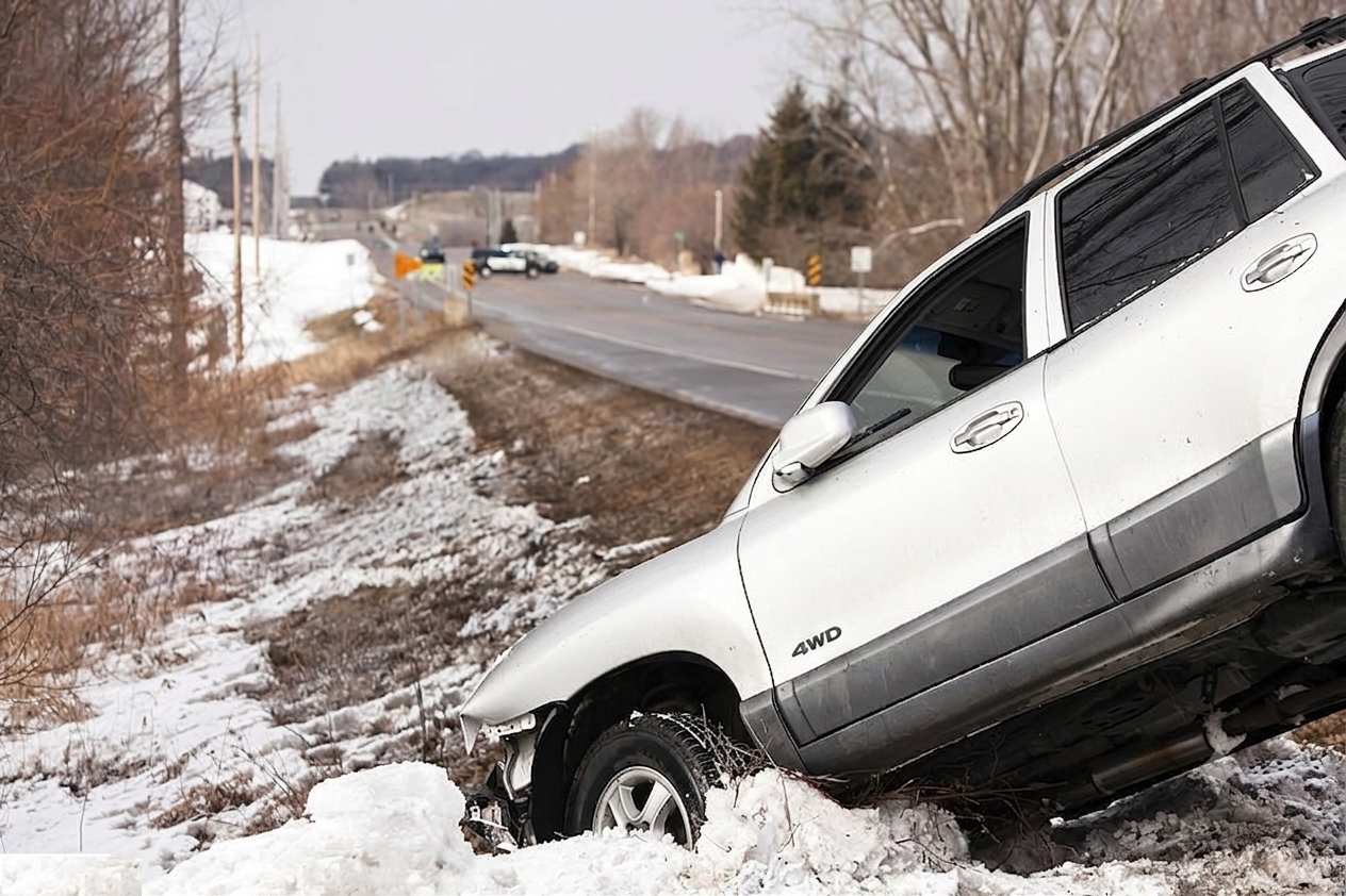 Vehicle in a ditch awaiting winch out
