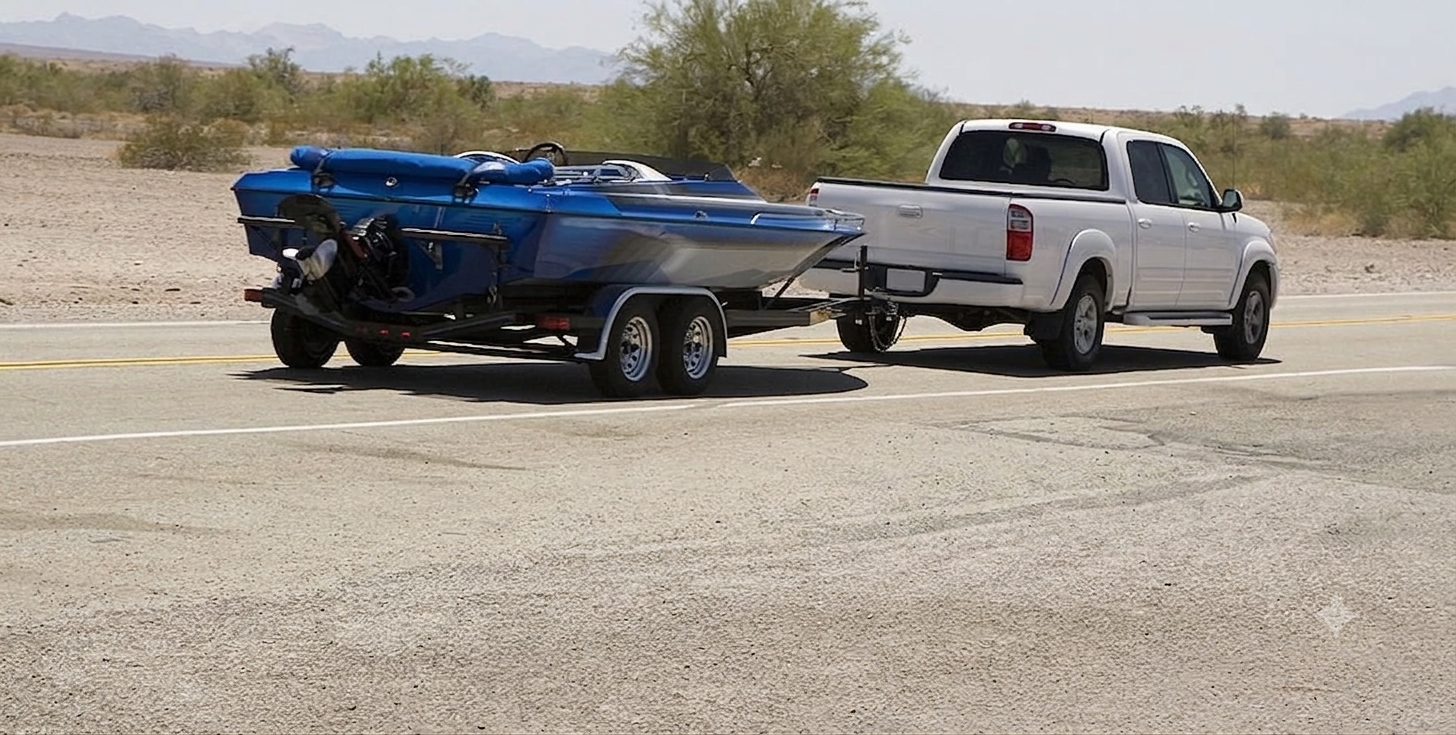 Pickup towing a boat on a trailer